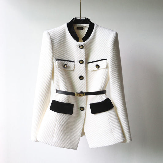 Fashionable mid length waist slimming outerwear with a small fragrance