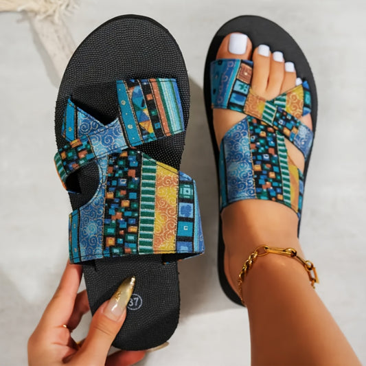 Toe set, one foot on beach sandals